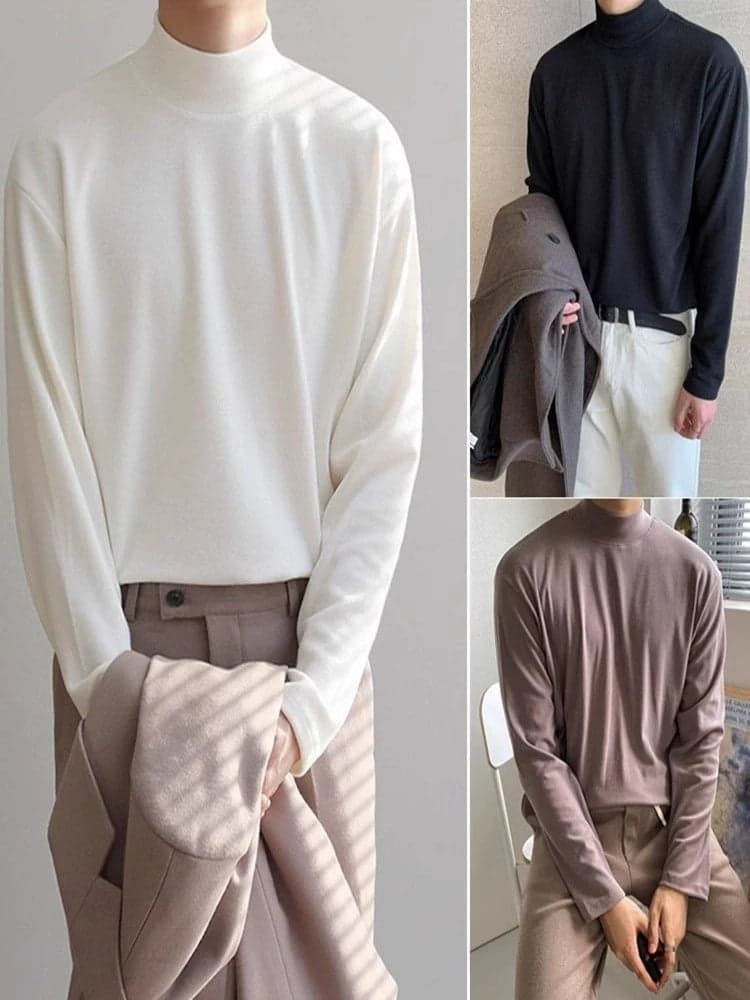 Men’s Loose Fit Half Turtleneck Long Sleeve Tee – Korean Style Solid Color Base Layer Top