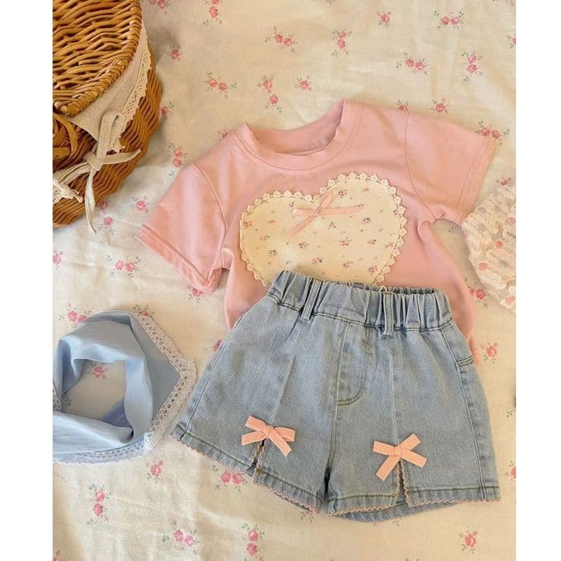 Girls Korean Style Pink Denim Shorts Set