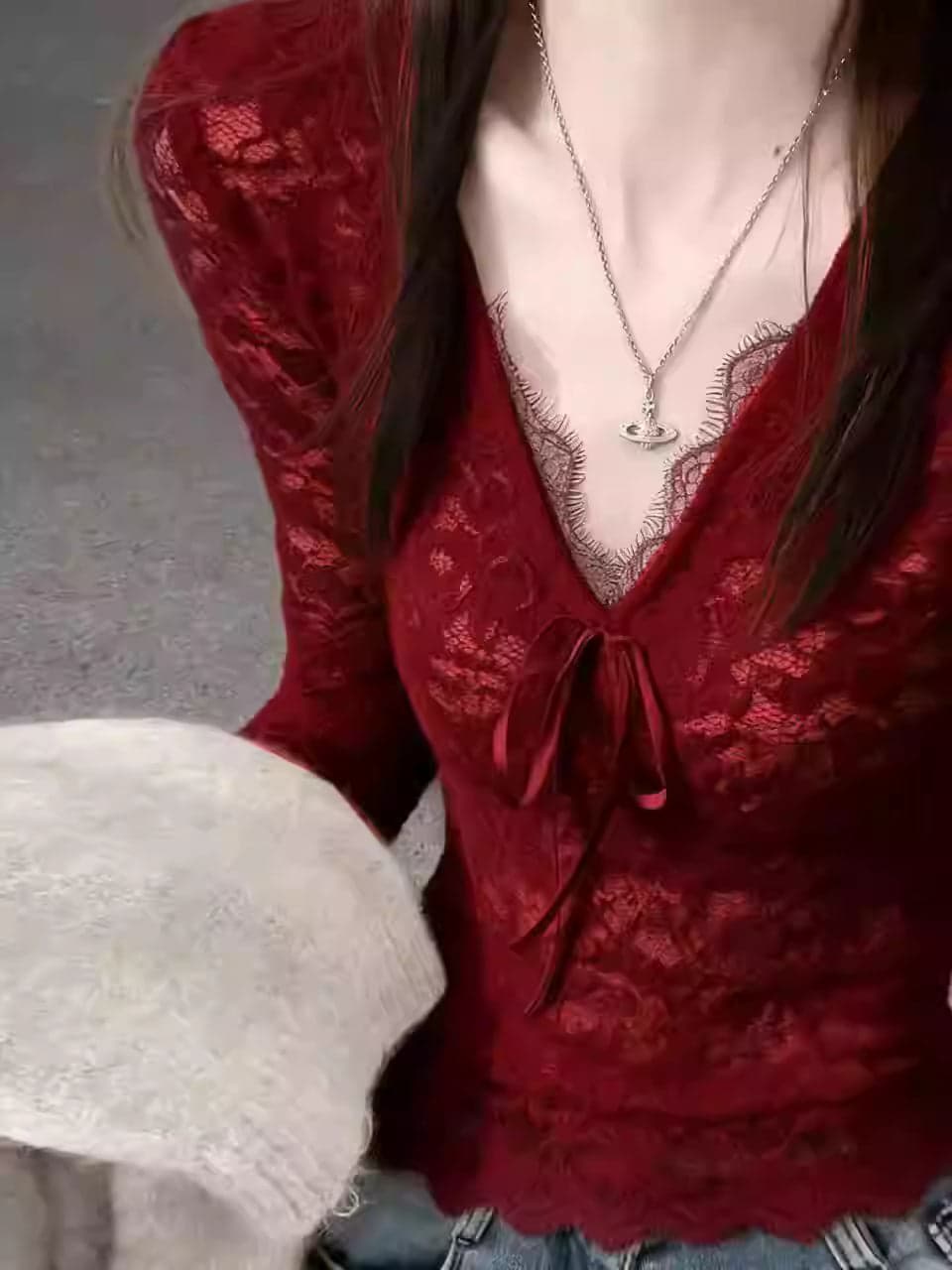 Red Brushed Lace Long Sleeve Top for Women