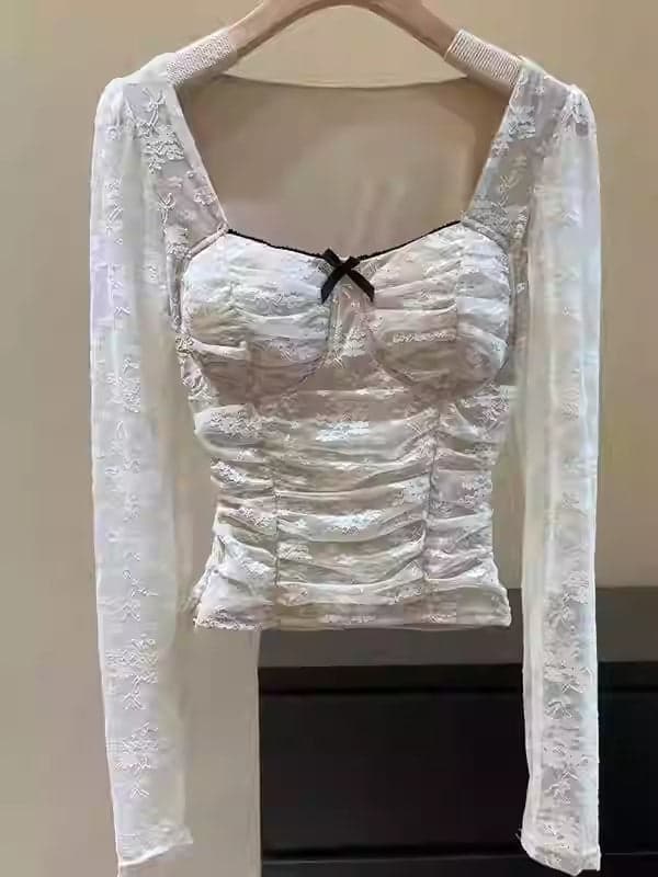 Elegant Pleated Lace Long Sleeve Top