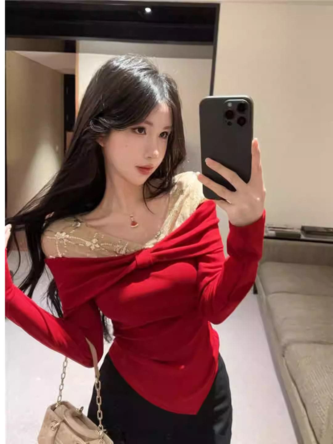 Red Off-Shoulder Bow Long Sleeve Top for Women